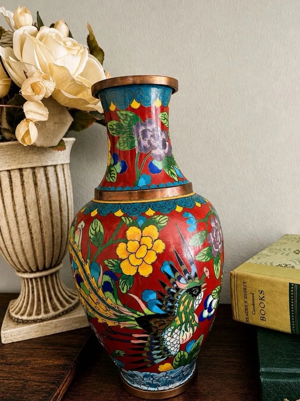 Red Floral Cloisonné Accent Vase - Decorative Home Accent
